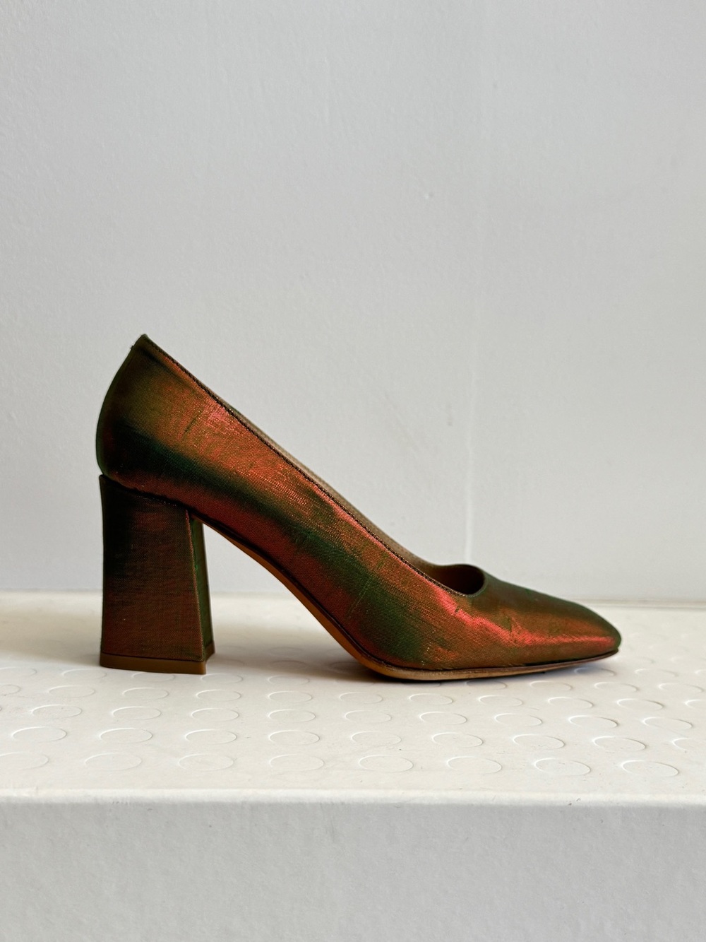 MARYAM NASSIR ZADEH Iridescent Copper-Green Pointed Block Heel Pumps